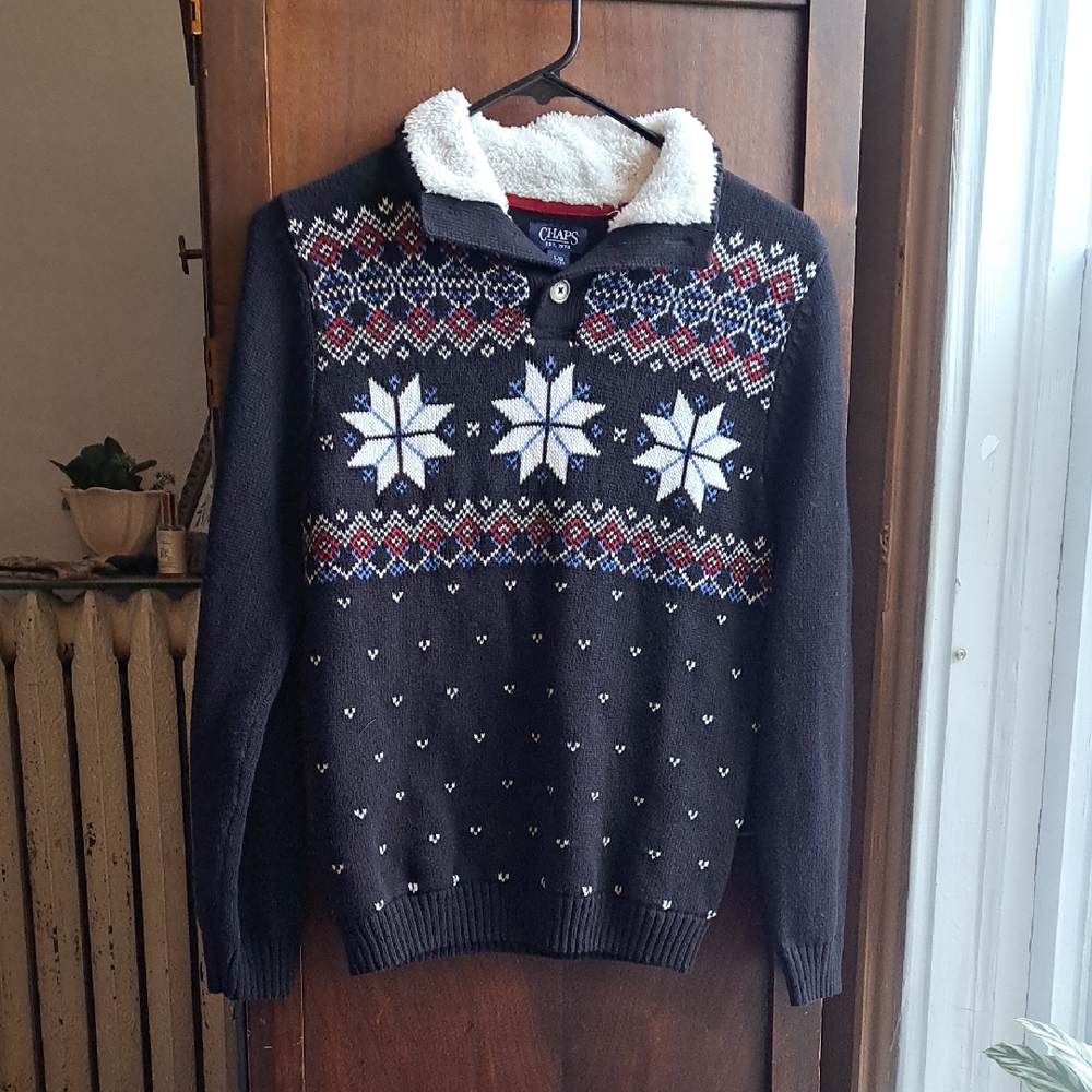 Chaps Large Size 14-16 Kids Black  Snowflake Fair Isle Sweater W Sherpa Collar